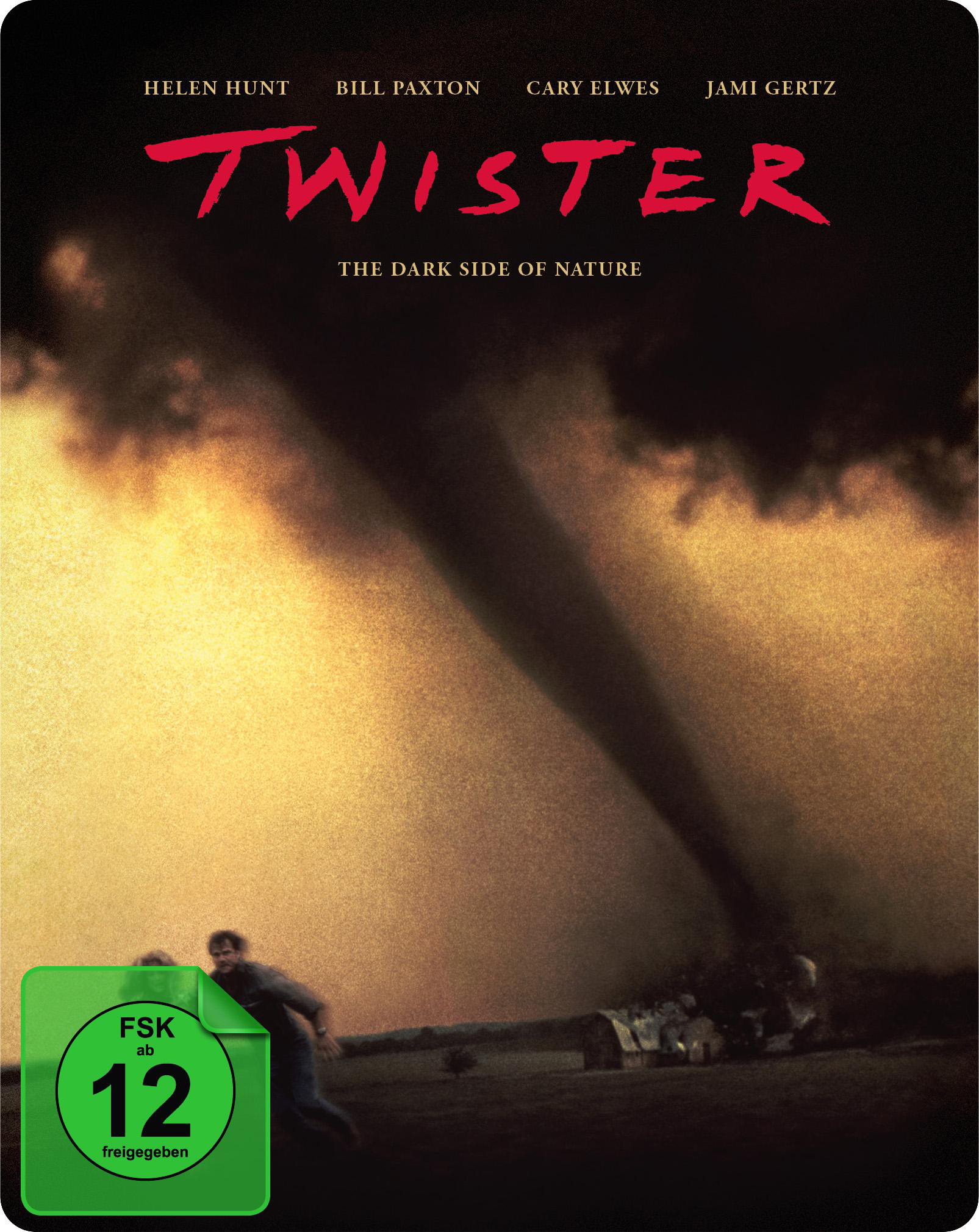 Twister-Filmplakat. Ein Tornado steht im Mittelpunkt. Ein Mann und eine Frau rennen im Vordergrund.