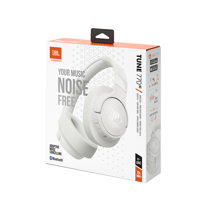 Eine weiße JBL Noise Cancelling Kopfhörerbox mit den Kopfhörern darin, auf weißem Hintergrund.