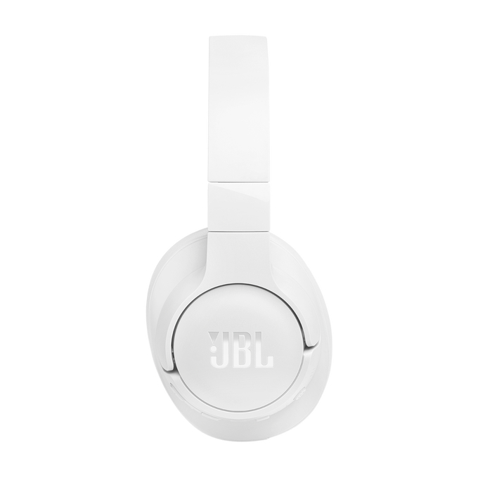 Weiße JBL-Kopfhörer, von der Seite gesehen, die ihr Design und das Markenlogo zeigen.