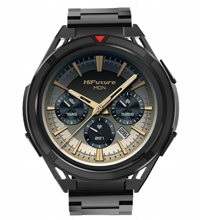 Czarny i złoty smartwatch z wieloma tarczami, wyświetlaczem daty i czerwonym trójkątem.