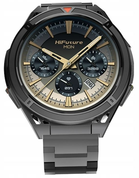 Smartwatch pokazujący godzinę, datę i tętno.