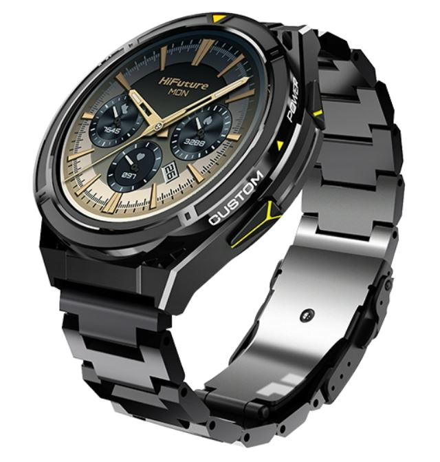 Czarny smartwatch z metalowym paskiem.