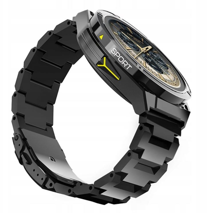 Czarny zegarek sportowy z czarną bransoletą. Zegarek jest pod kątem.