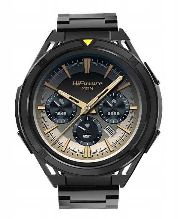 Czarny smartwatch HiFuture ze złotymi akcentami. Pokazuje czas i info.