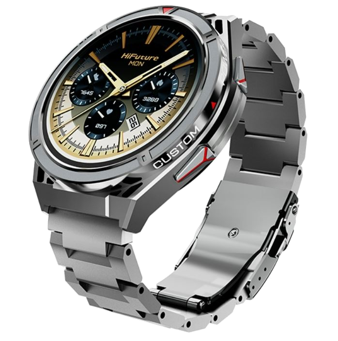 Smartwatch HiFuture ze srebrną bransoletą. Cyfrowy wyświetlacz z godziną i danymi. Czarne tło.