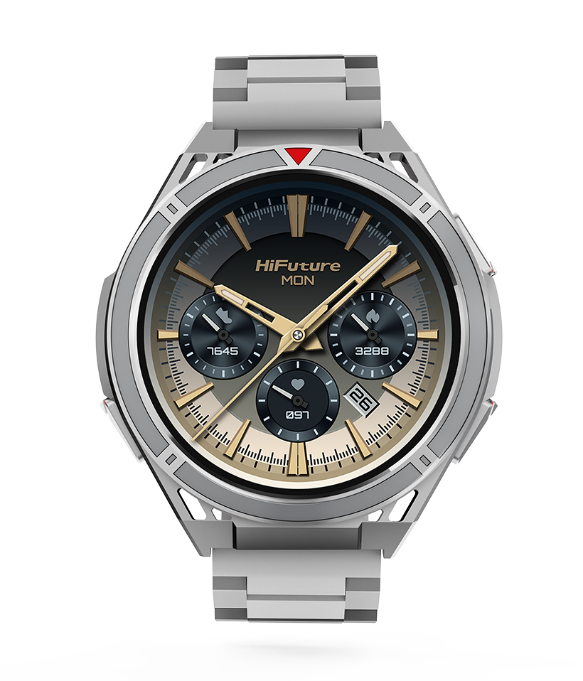 Srebrny smartwatch z czarną tarczą i wieloma pomocniczymi tarczami, ze srebrną bransoletą.