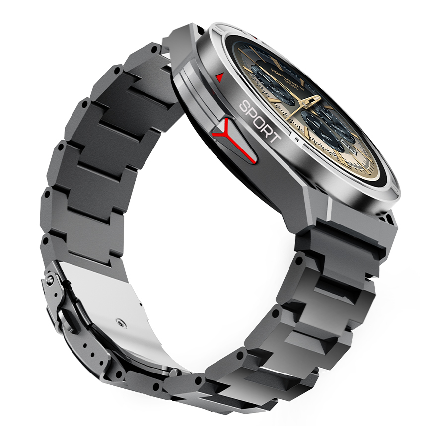 Srebrny smartwatch z metalową opaską, wyświetlający złotą tarczę.