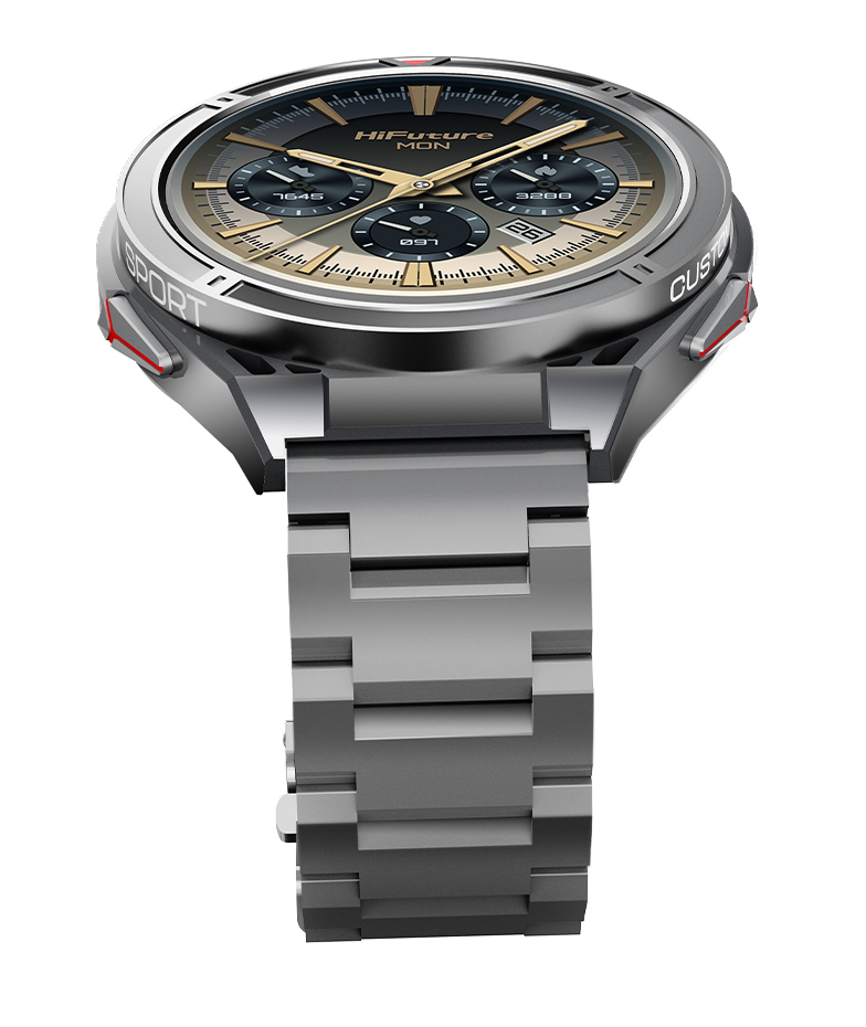 Srebrny zegarek na rękę z czarną i złotą tarczą, pasek również jest srebrny.