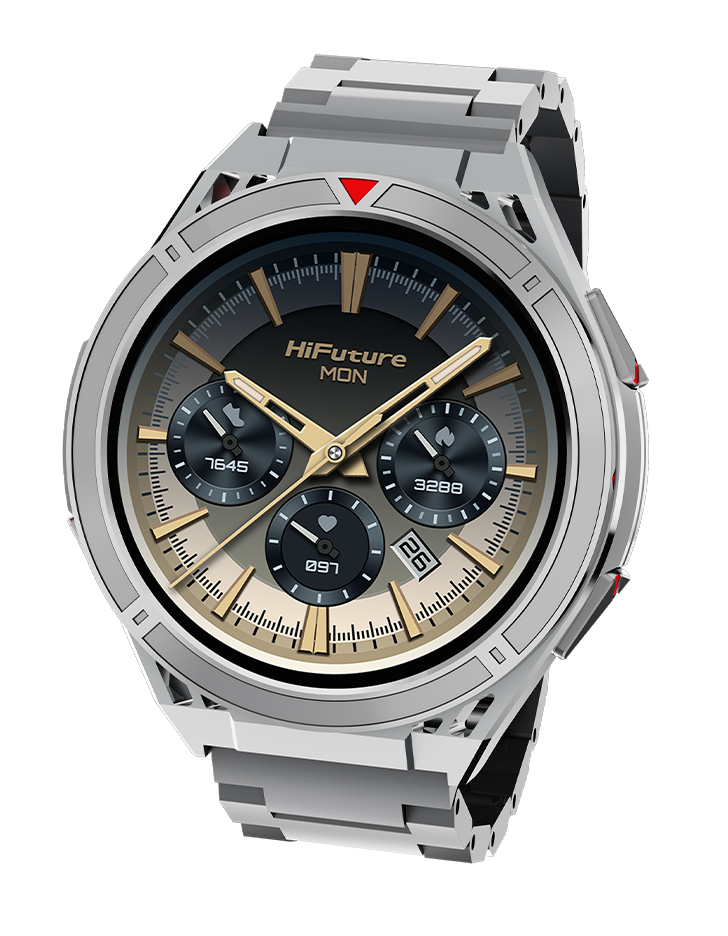 Srebrny zegarek z czarną i złotą tarczą oraz srebrnym paskiem.