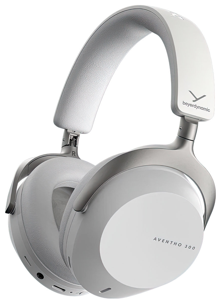 Białe słuchawki Beyerdynamic Aventho 300 ze srebrną ramką.