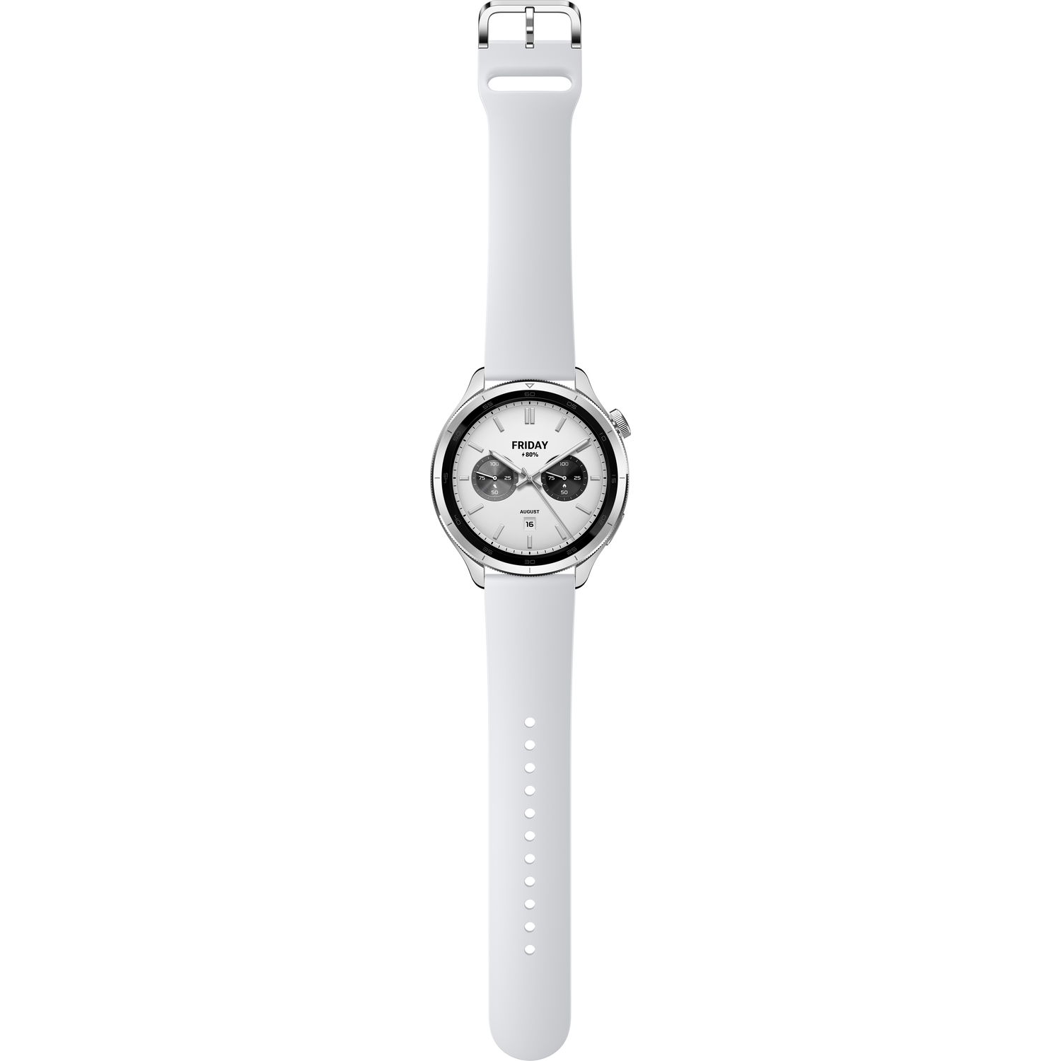 A white smartwatch with a white strap, close-up view, isolated on white.