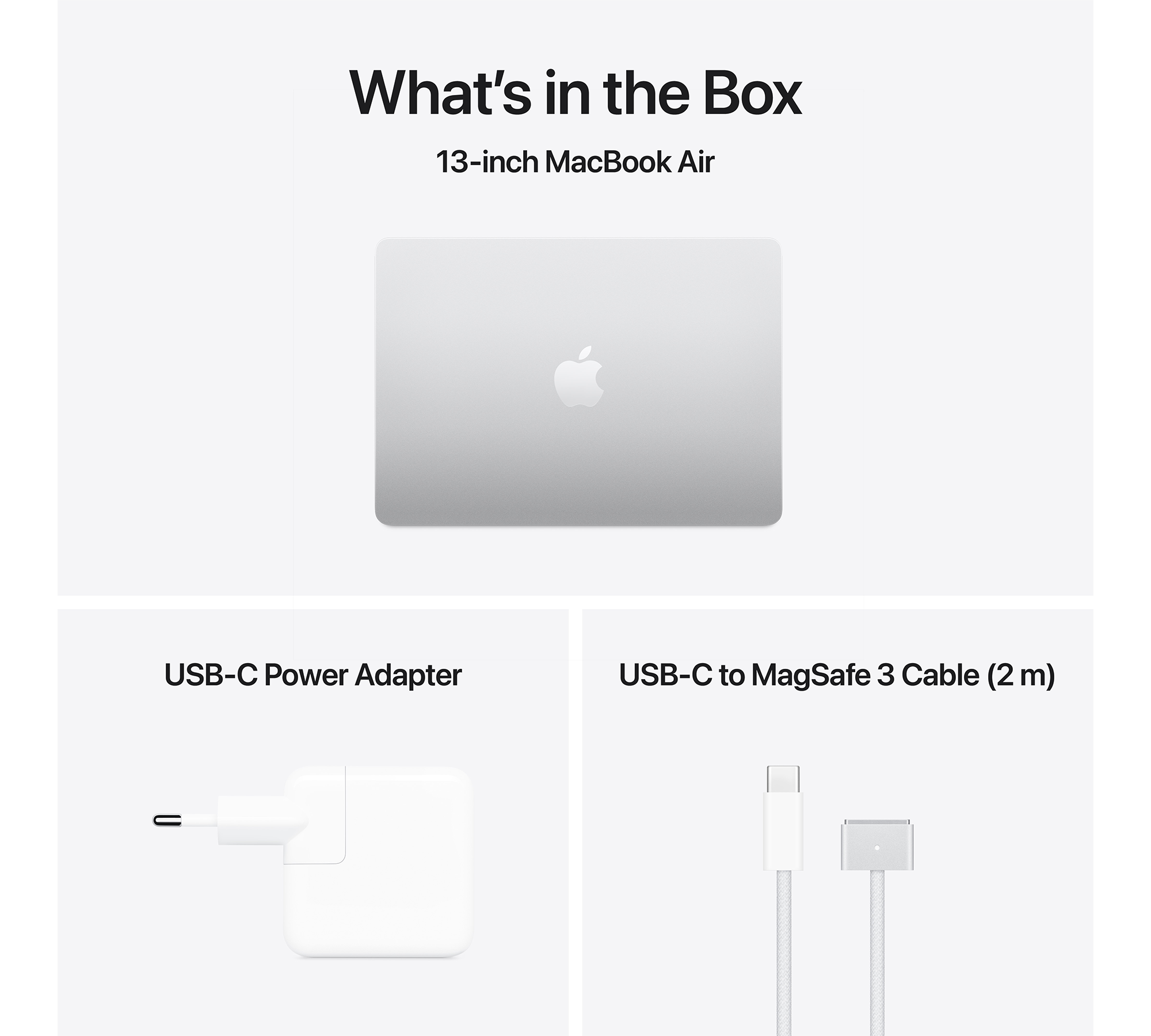 Egy fehér hálózati adapter látható egy fehér USB-C–MagSafe 3 kábellel.