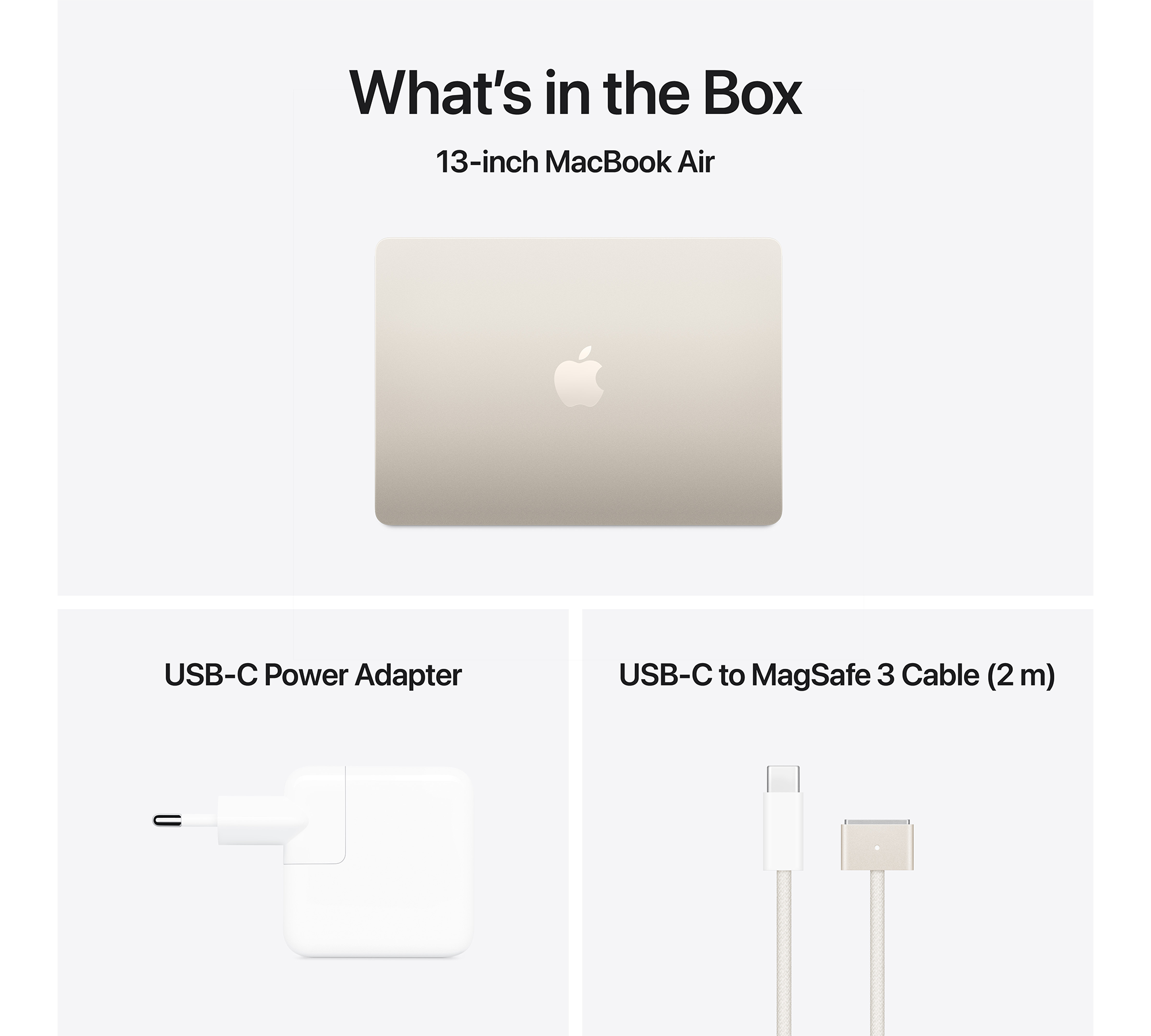Fehér doboz egy laptopot, USB-C hálózati adaptert és USB-C-MagSafe 3 kábelt tartalmaz.