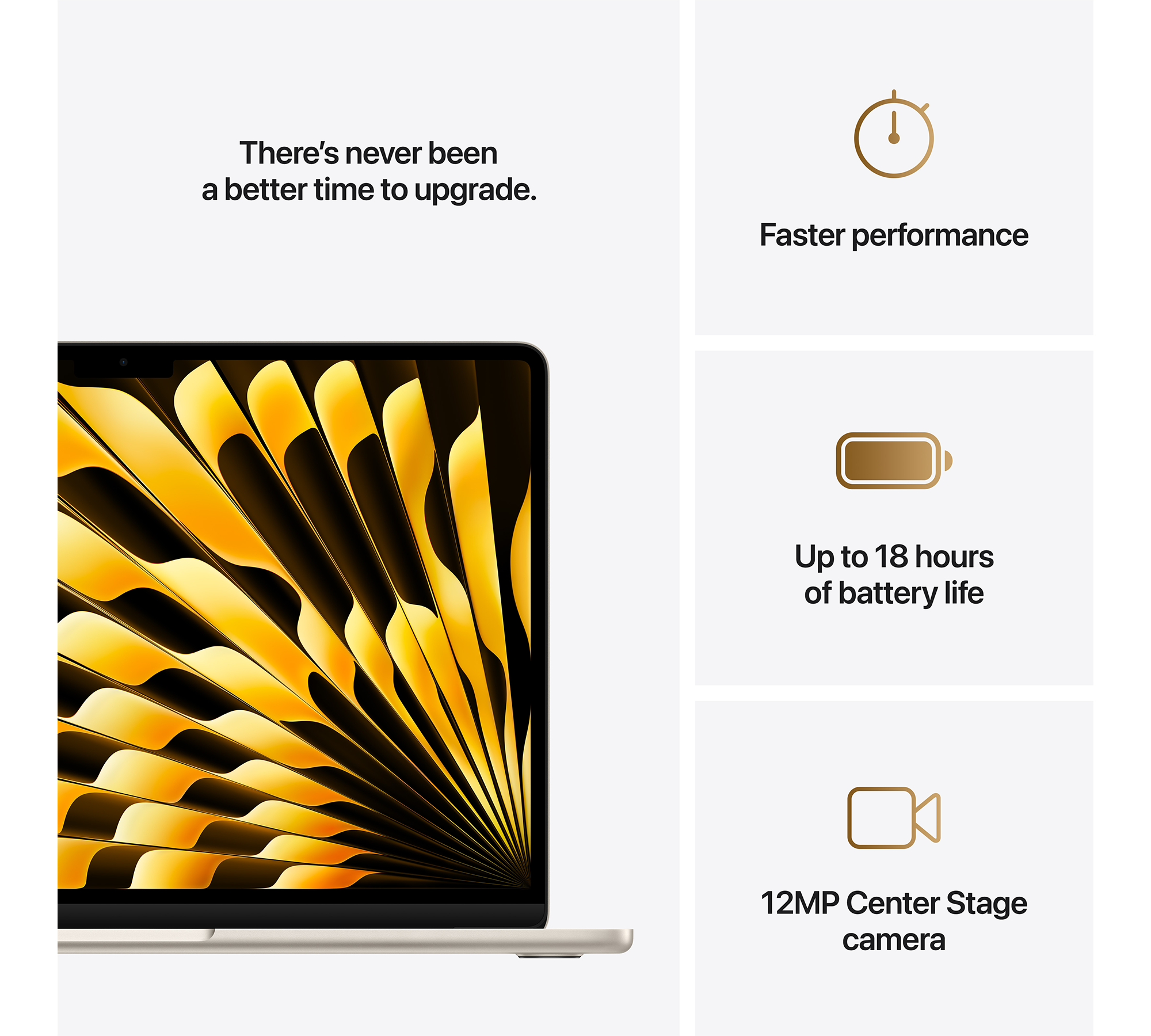 Egy laptop arany színű képernyővel, szöveggel és ikonokkal a teljesítményről és az akkumulátor élettartamáról.