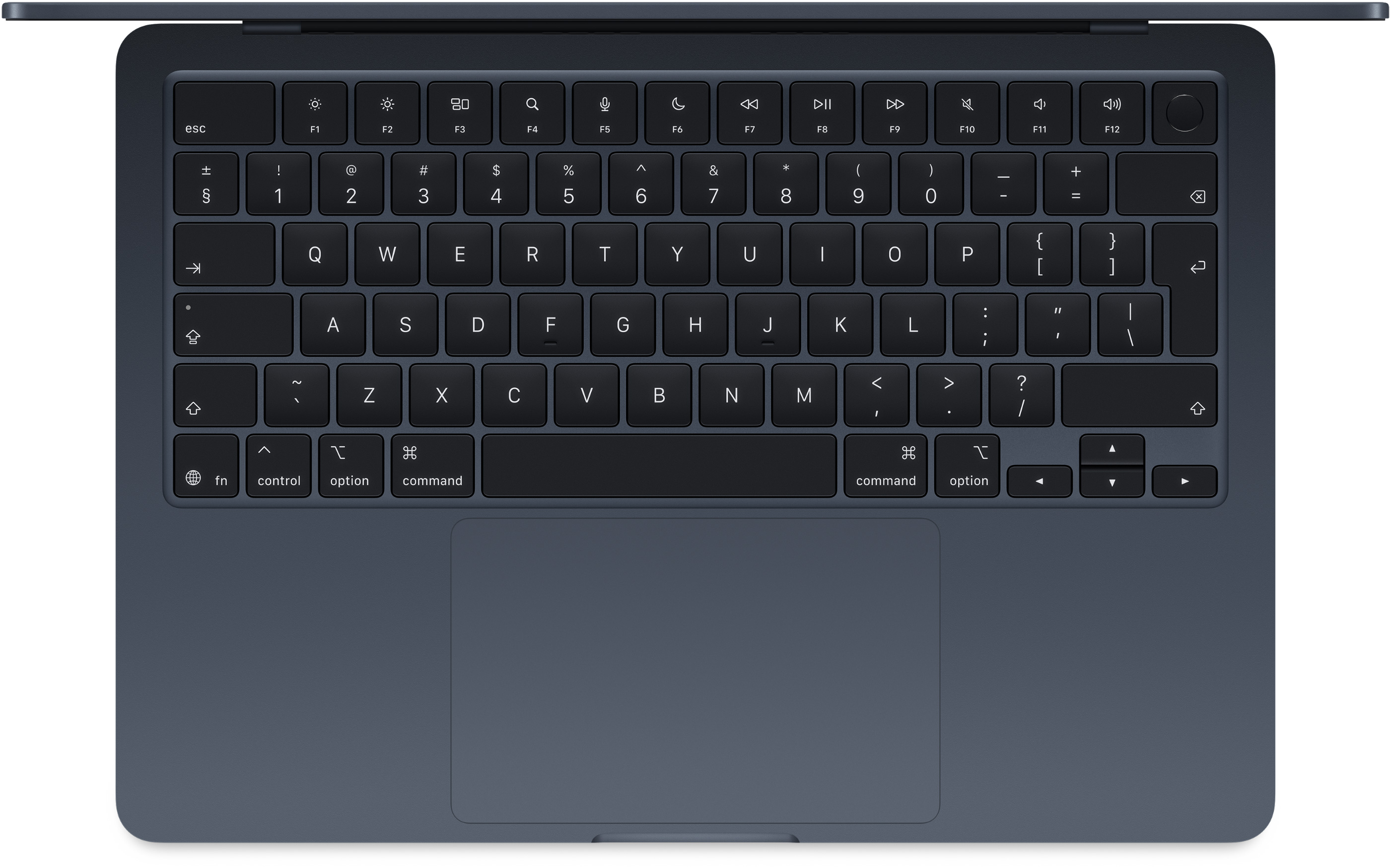 Laptop billentyűzet. Sötétszürke szín. Fekete billentyűk. Felülnézet.