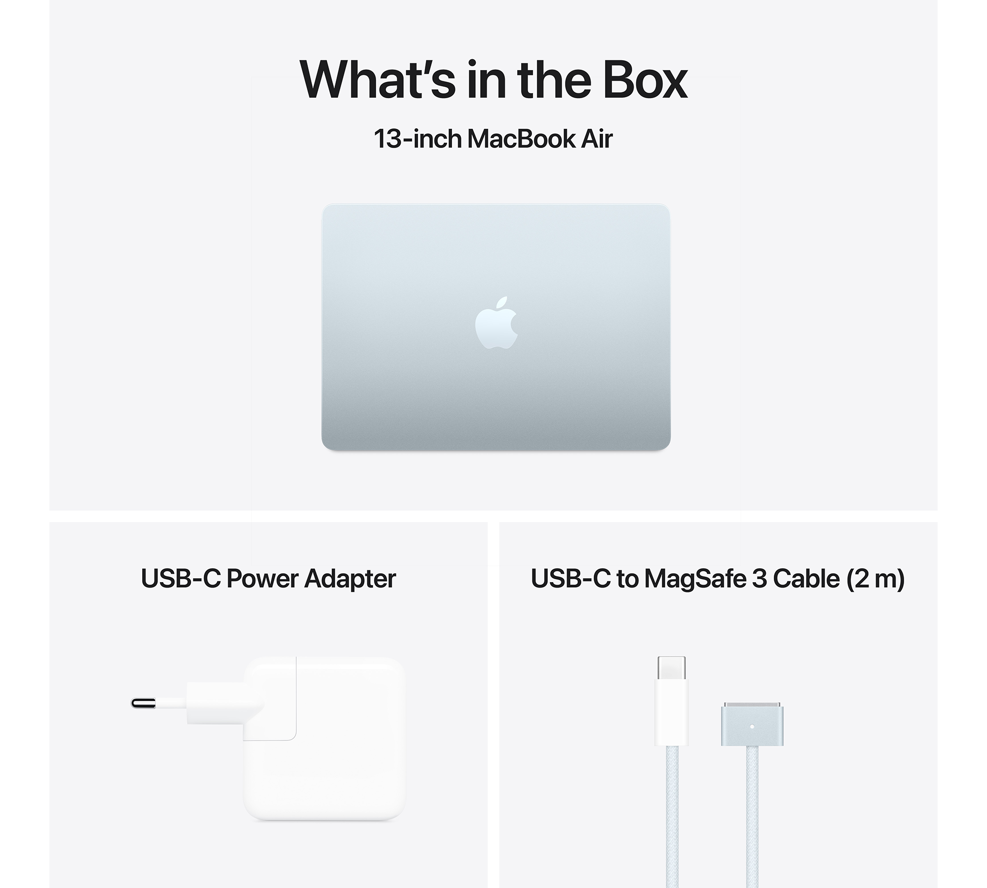 Egy MacBook Air és kiegészítők láthatók fehér háttérrel, beleértve a hálózati adaptert és a kábelt.