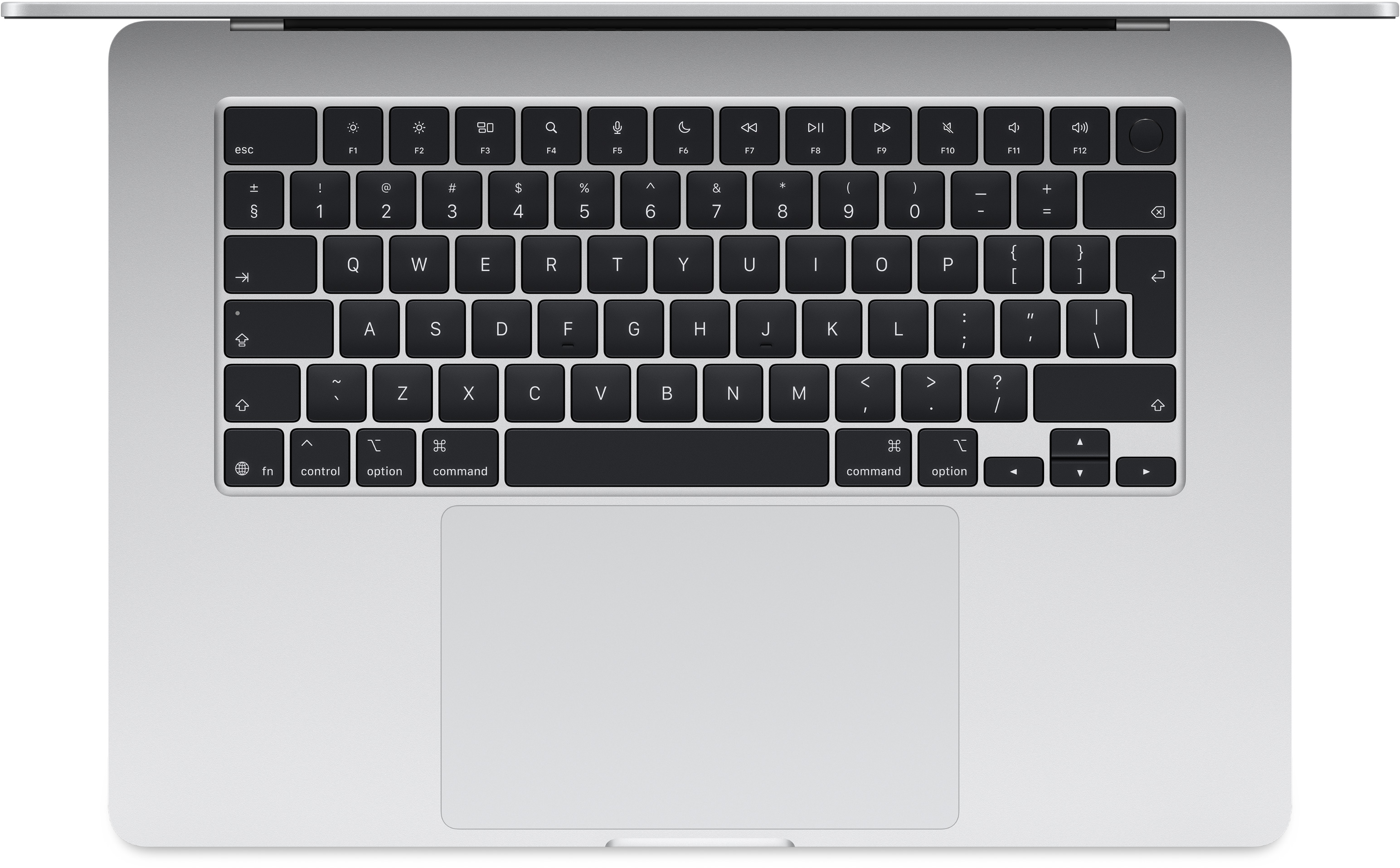 Egy laptop billentyűzetének felülnézete, nyitott képernyővel, a billentyűkkel és a trackpaddal.