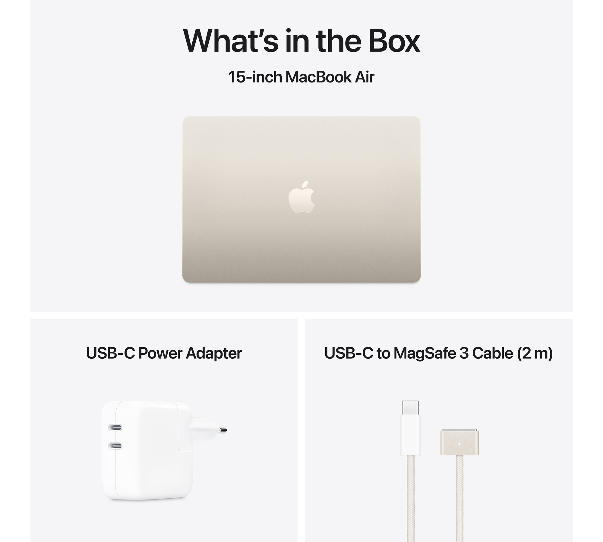 A dobozban egy laptop, USB-C hálózati adapter és USB-C–MagSafe 3 kábel (2 m).