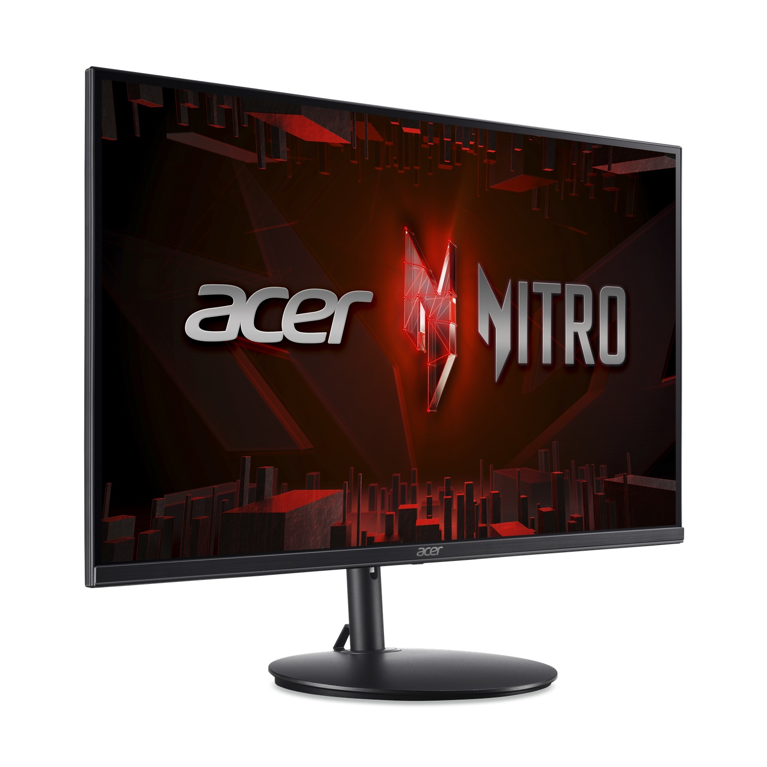 A black Acer Nitro monitor with red and white logo on a white background.