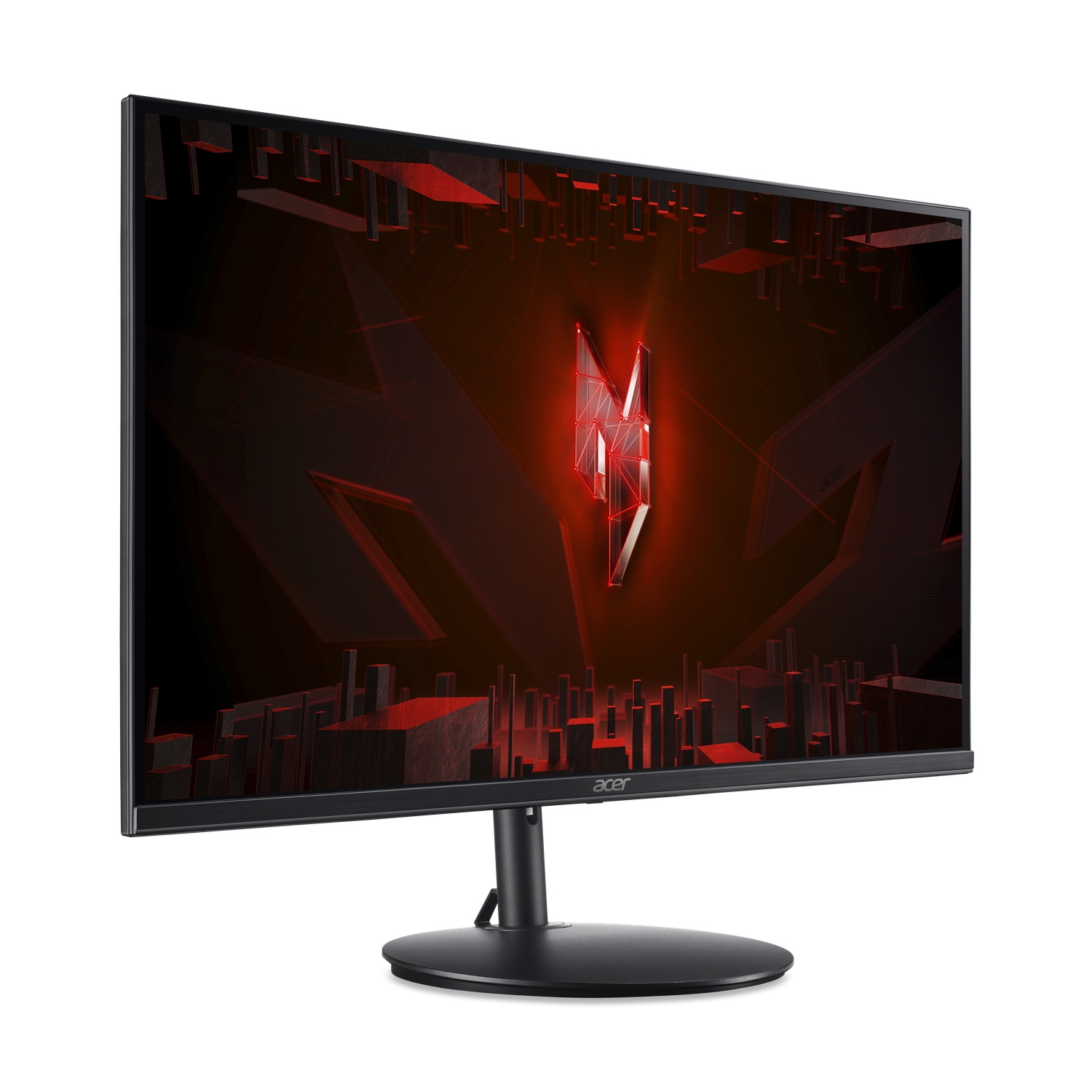 A black computer monitor with a red logo and a black base.
