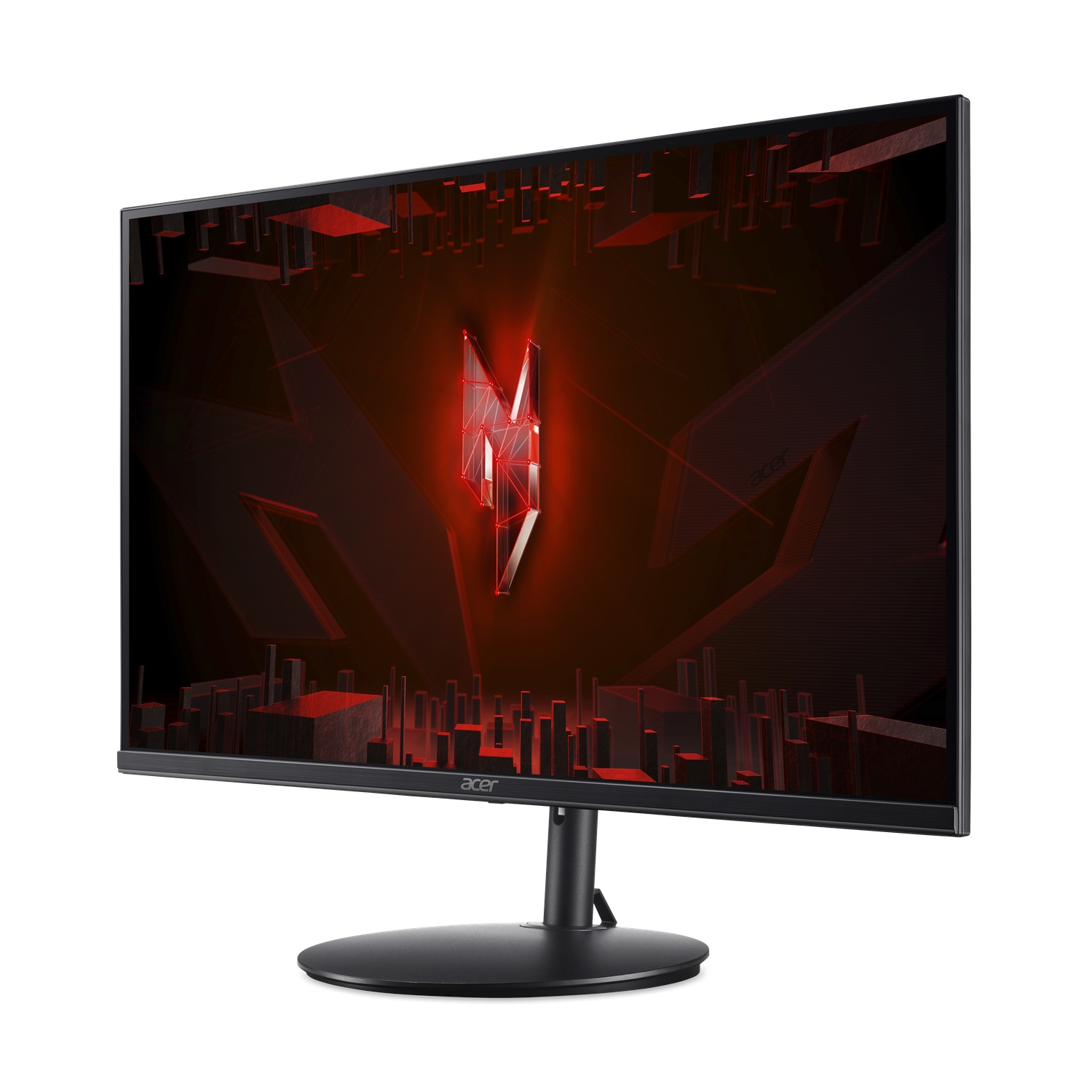 Acer monitor with a red logo on a black screen, black stand, and a white background.