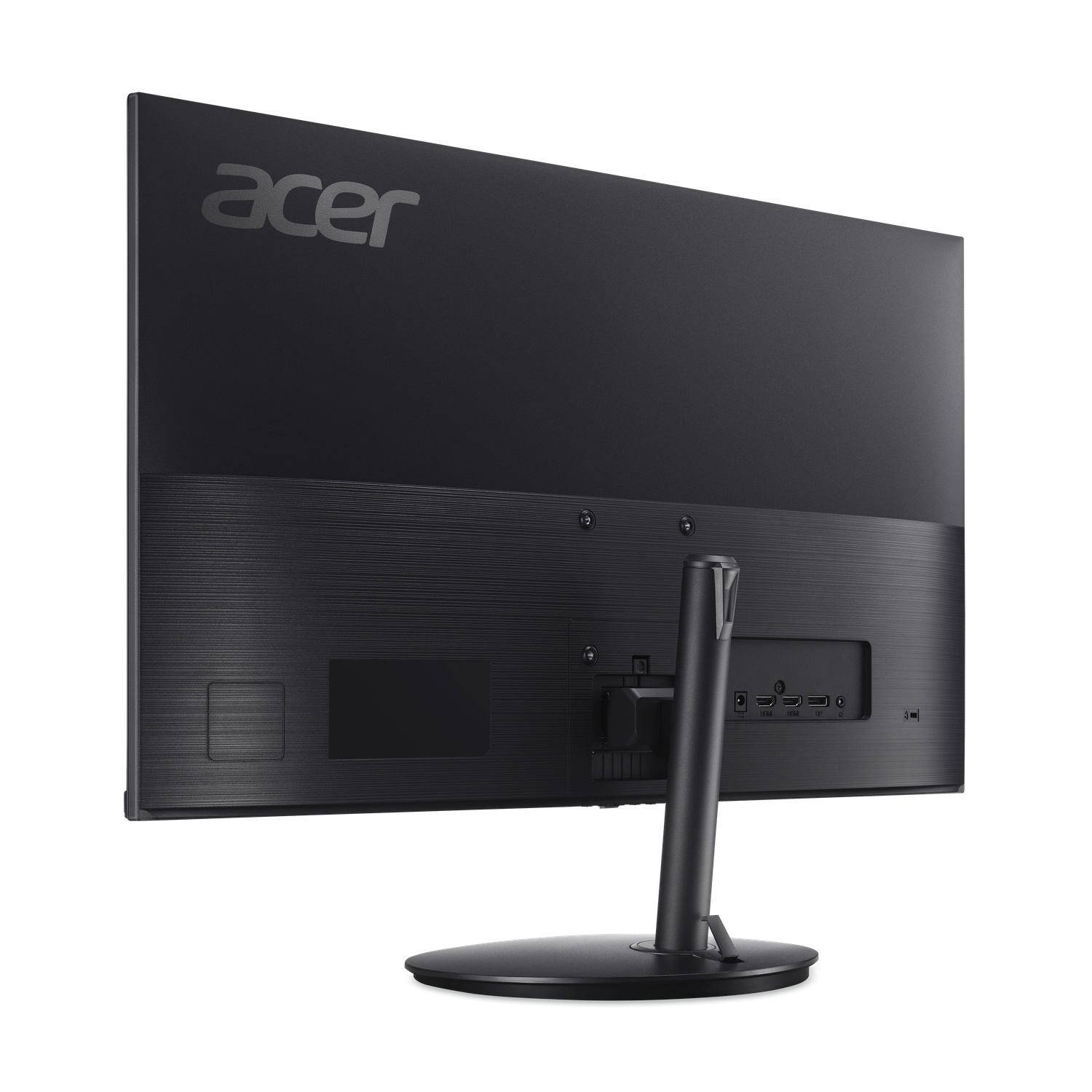 Back of a black Acer monitor. Black stand, white background. Various ports visible.