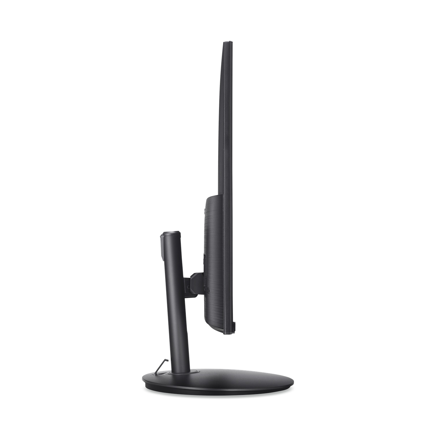 A side view of a black computer monitor with a stand. It is a sleek, modern design.