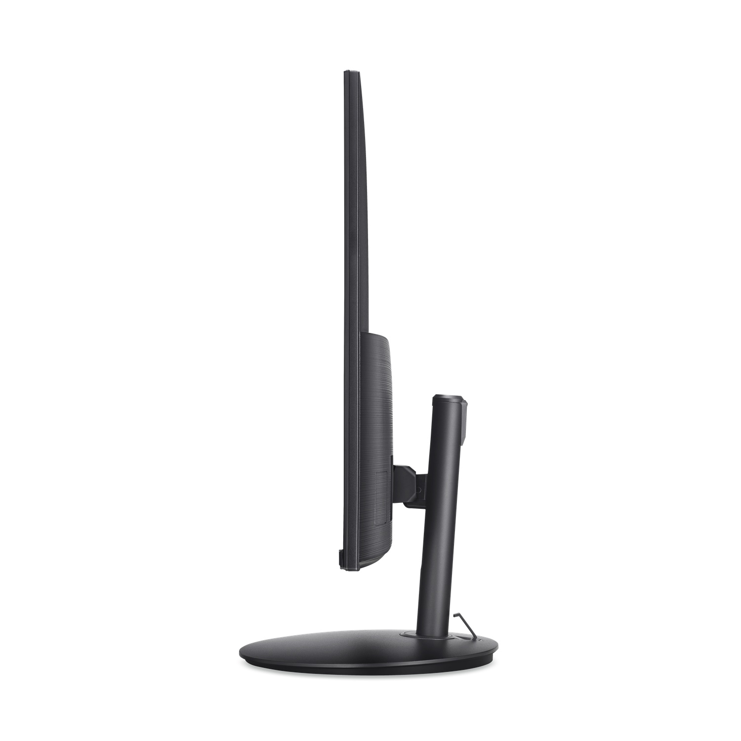 Side view of a black computer monitor with a black stand.