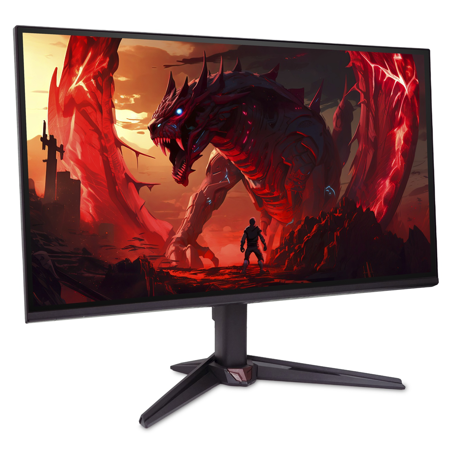Un écran de jeu affiche une image de dragon. L'écran est sur un support noir, sur fond blanc.