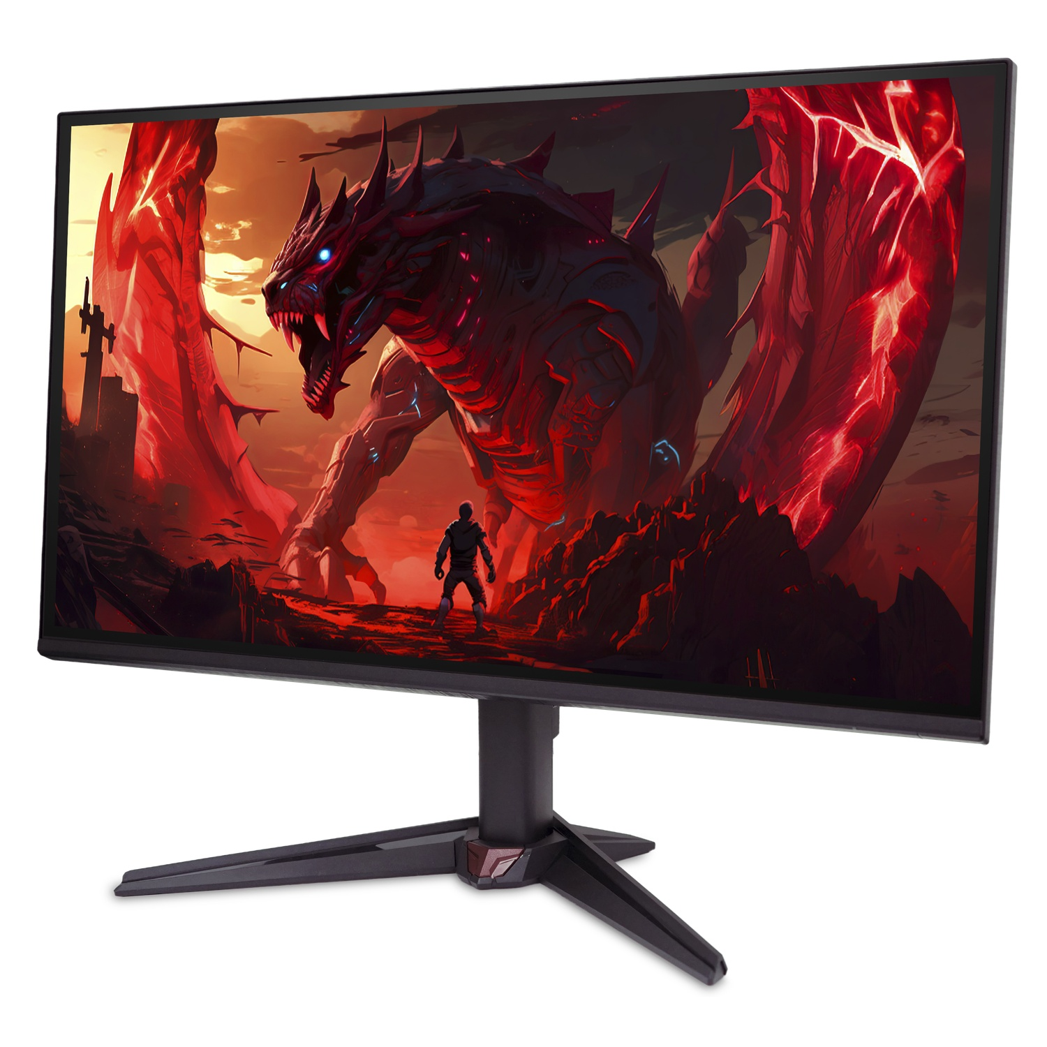 Moniteur d'ordinateur affichant un dragon rouge et une figure. Le moniteur a un cadre et un support noirs.