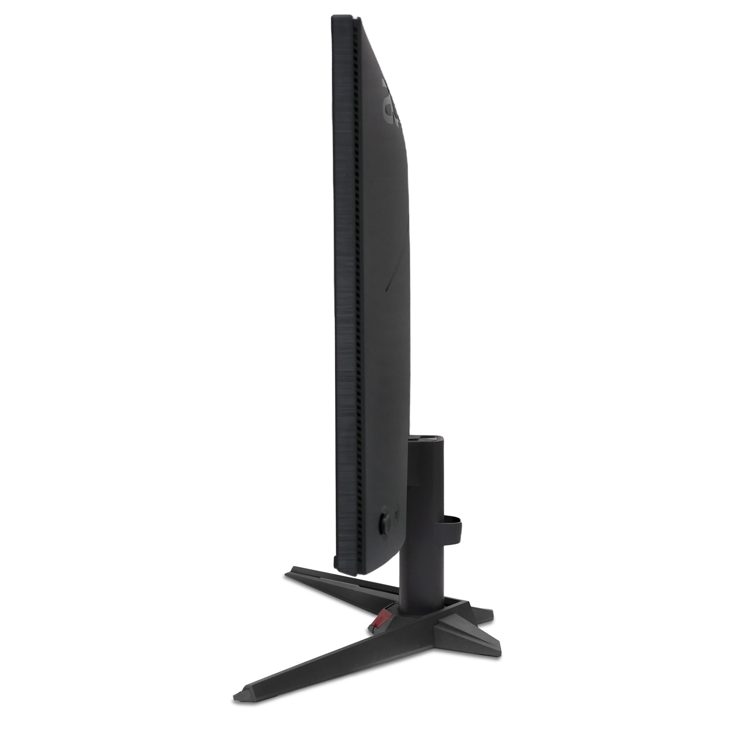 Vue latérale d'un écran d'ordinateur noir avec un support noir sur fond blanc.