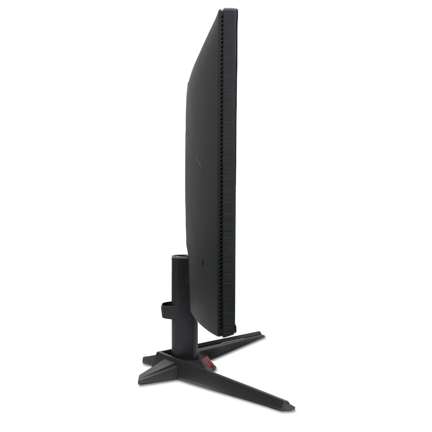 Profil latéral d'un moniteur d'ordinateur noir avec un support sur fond blanc.