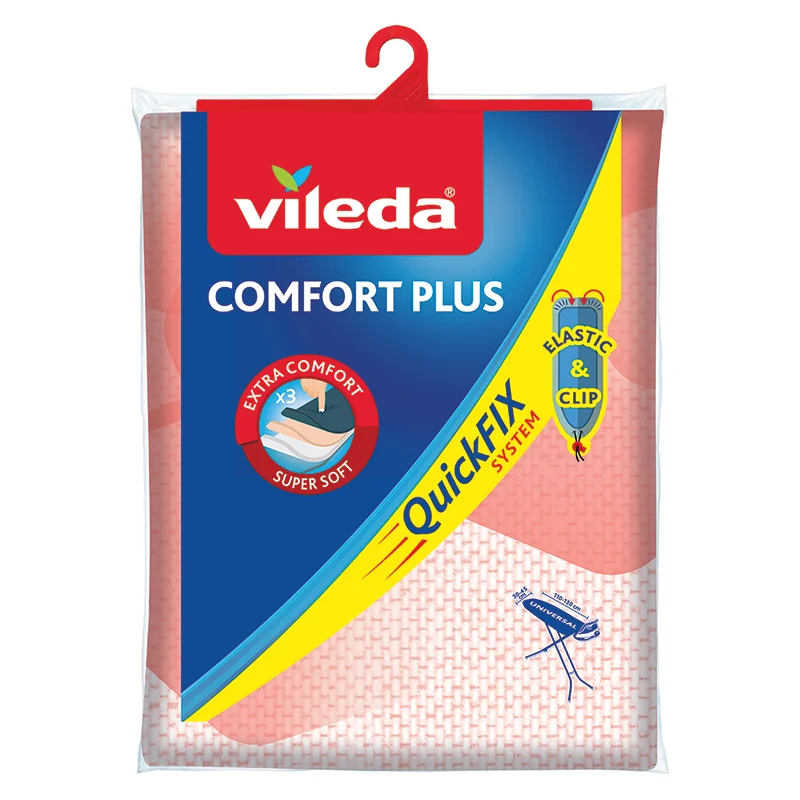 Opakowanie Vileda Comfort Plus. Różowe i białe mopy, z żółtym systemem QuickFix.