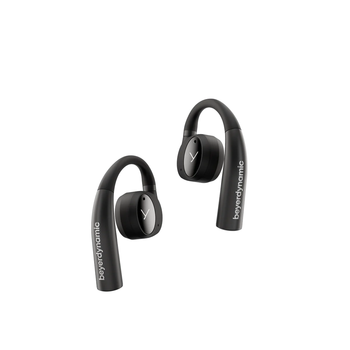 Auriculares inalámbricos negros, con el nombre de la marca.