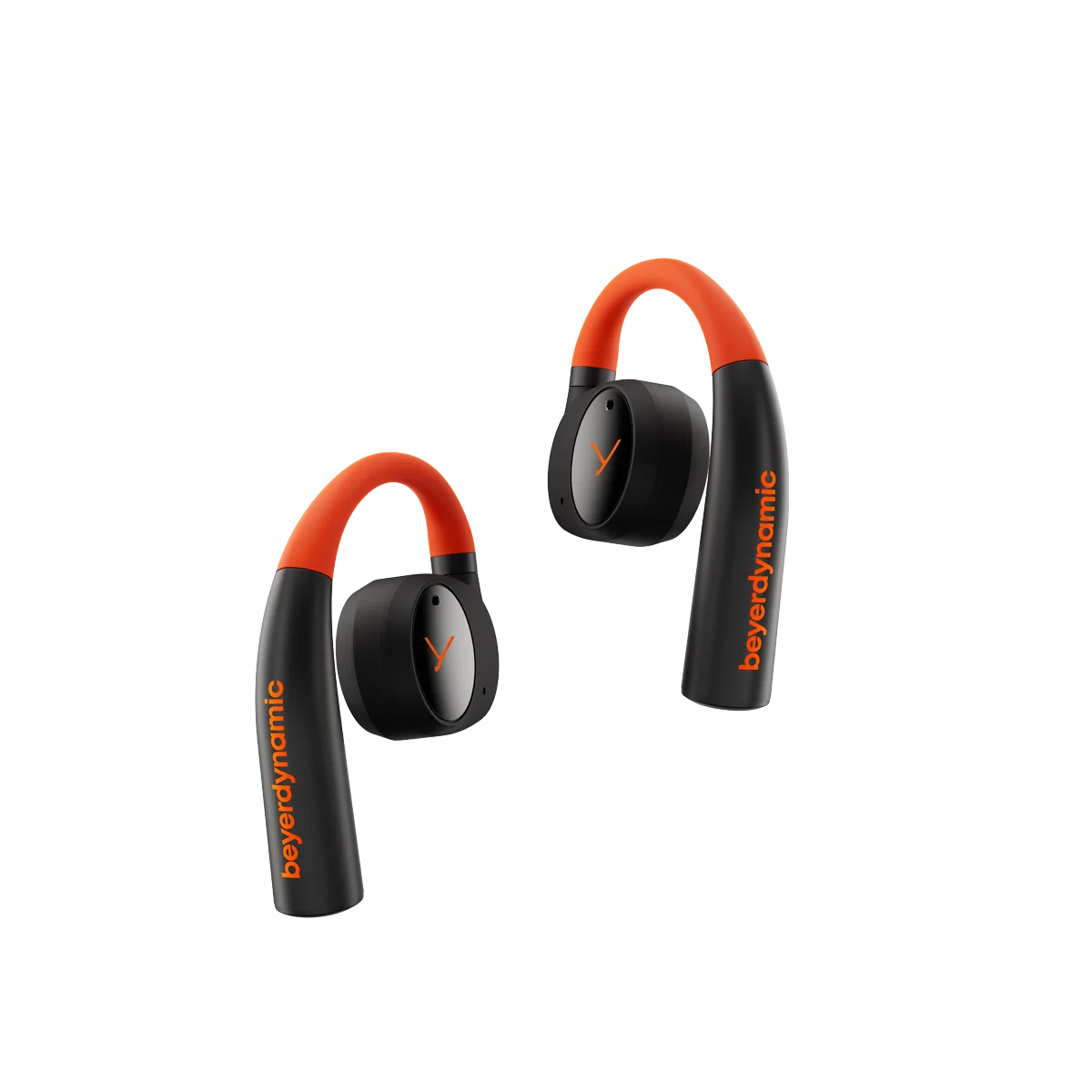 Auriculares Beyerdynamic negros y naranjas, en ángulo sobre fondo negro. La marca es visible.