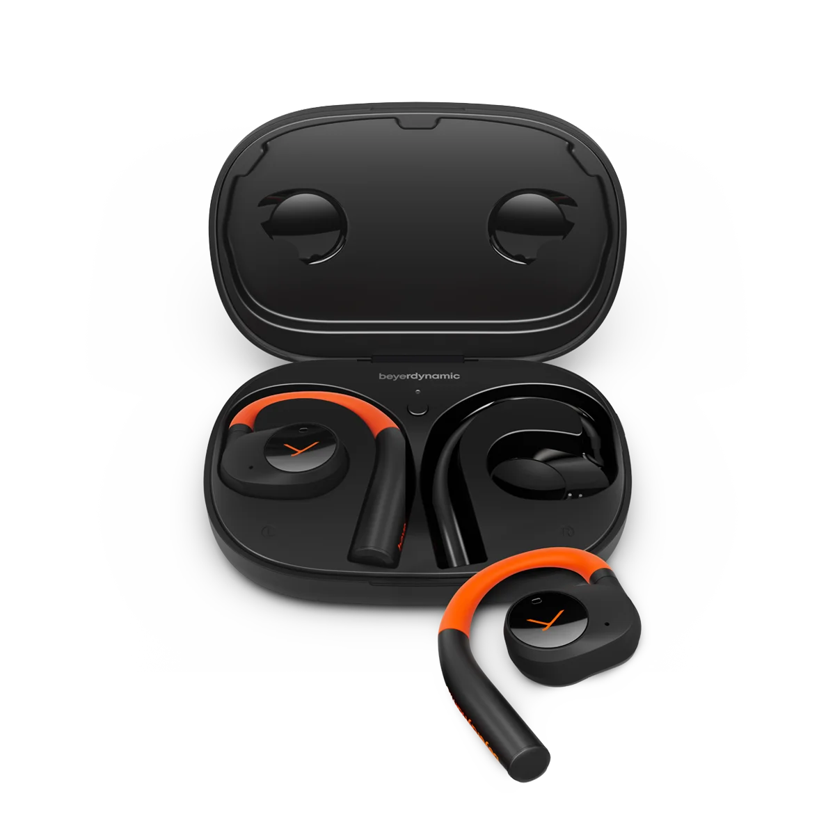 Auriculares en un estuche negro, con un auricular adicional mostrado por separado.