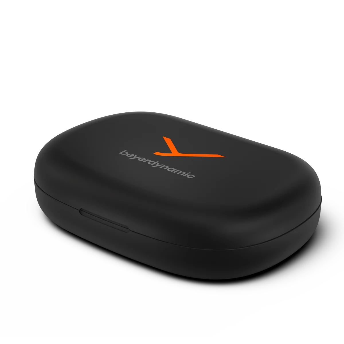 Estuche negro para auriculares Beyerdynamic con logotipo naranja. Fondo blanco y ligera sombra.