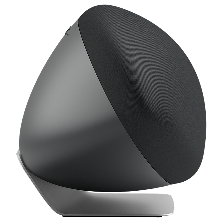 Szary i czarny głośnik na białym stojaku.