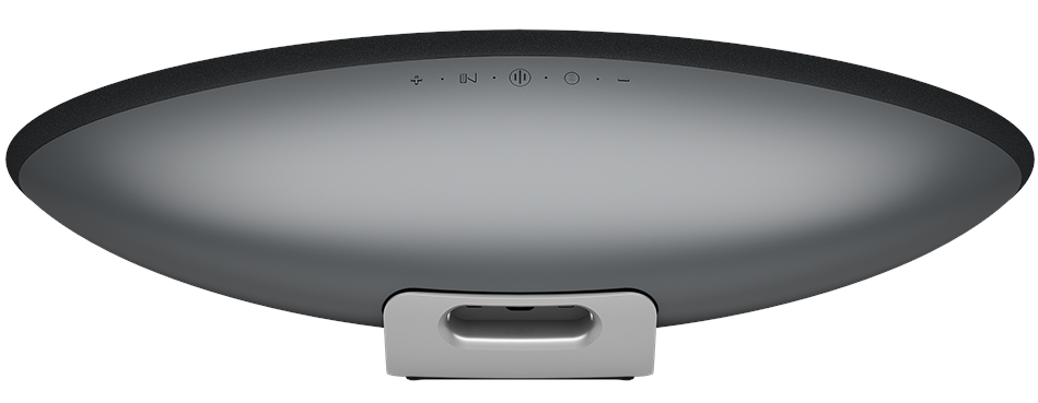 Ciemnoszary głośnik z przyciskami, na białym tle, z uchwytem.