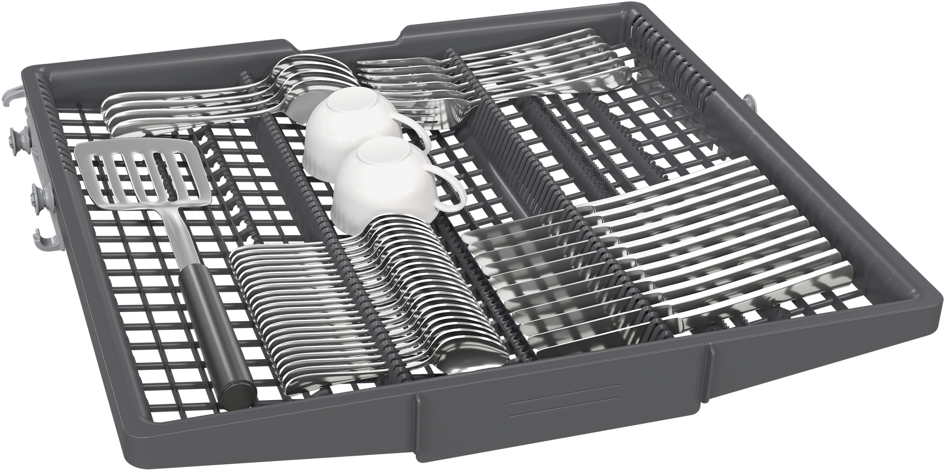 Vaatwasmand met bestek, kopjes en een spatel. Grijs plastic met rasterpatroon.