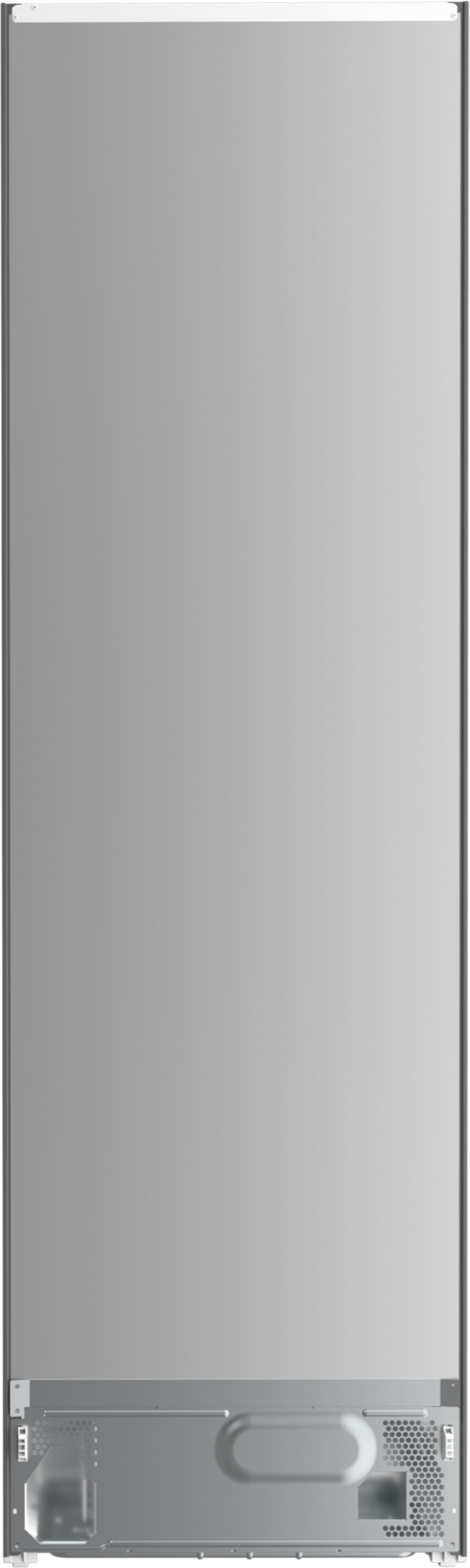Ein Kühlschrank mit grauer Tür und silbernem Korpus, mit schlichtem Design.