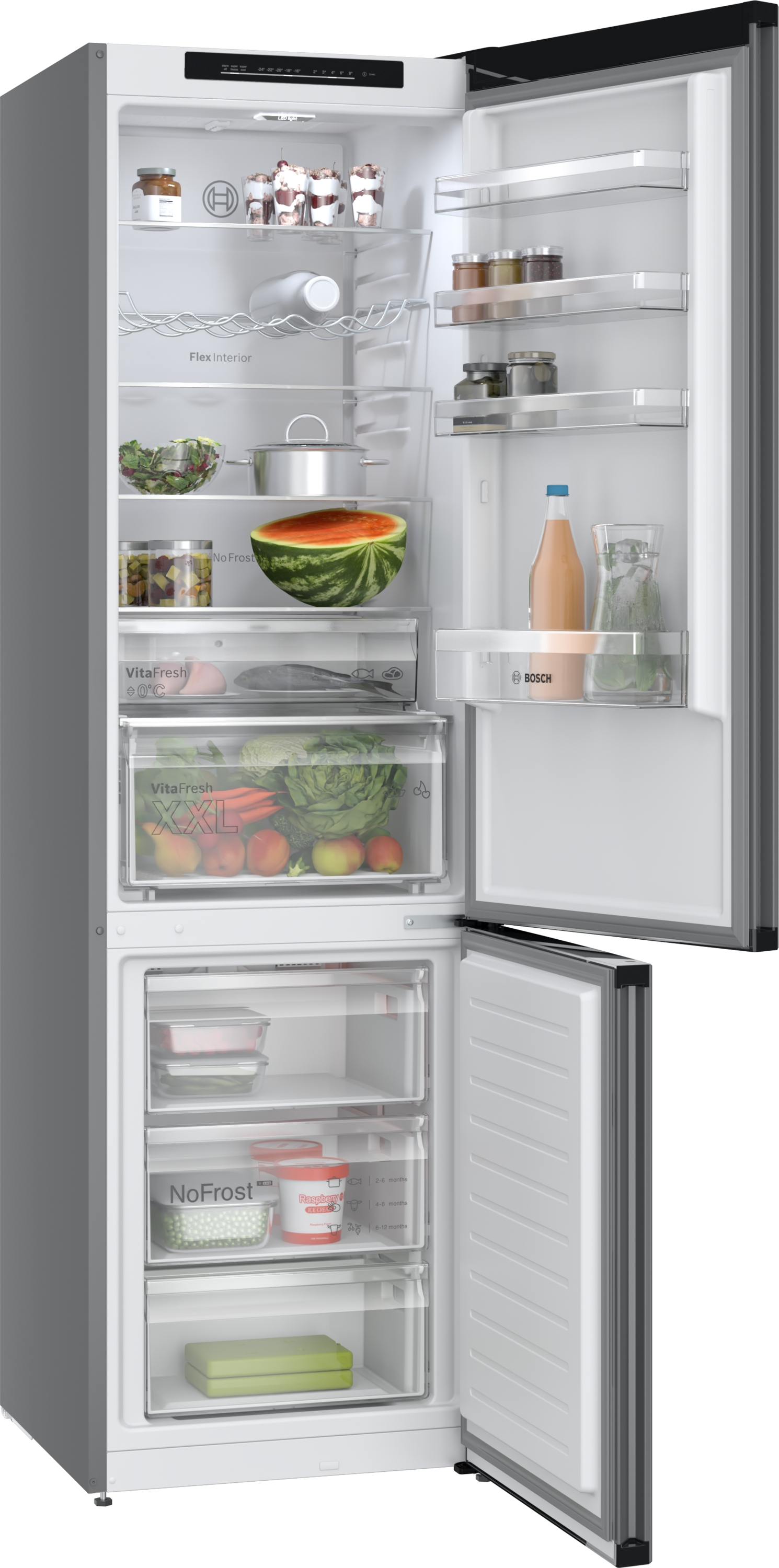 Offener Kühlschrank mit Essen, darunter Wassermelone, Gemüse und Getränke. Die Tür ist offen.