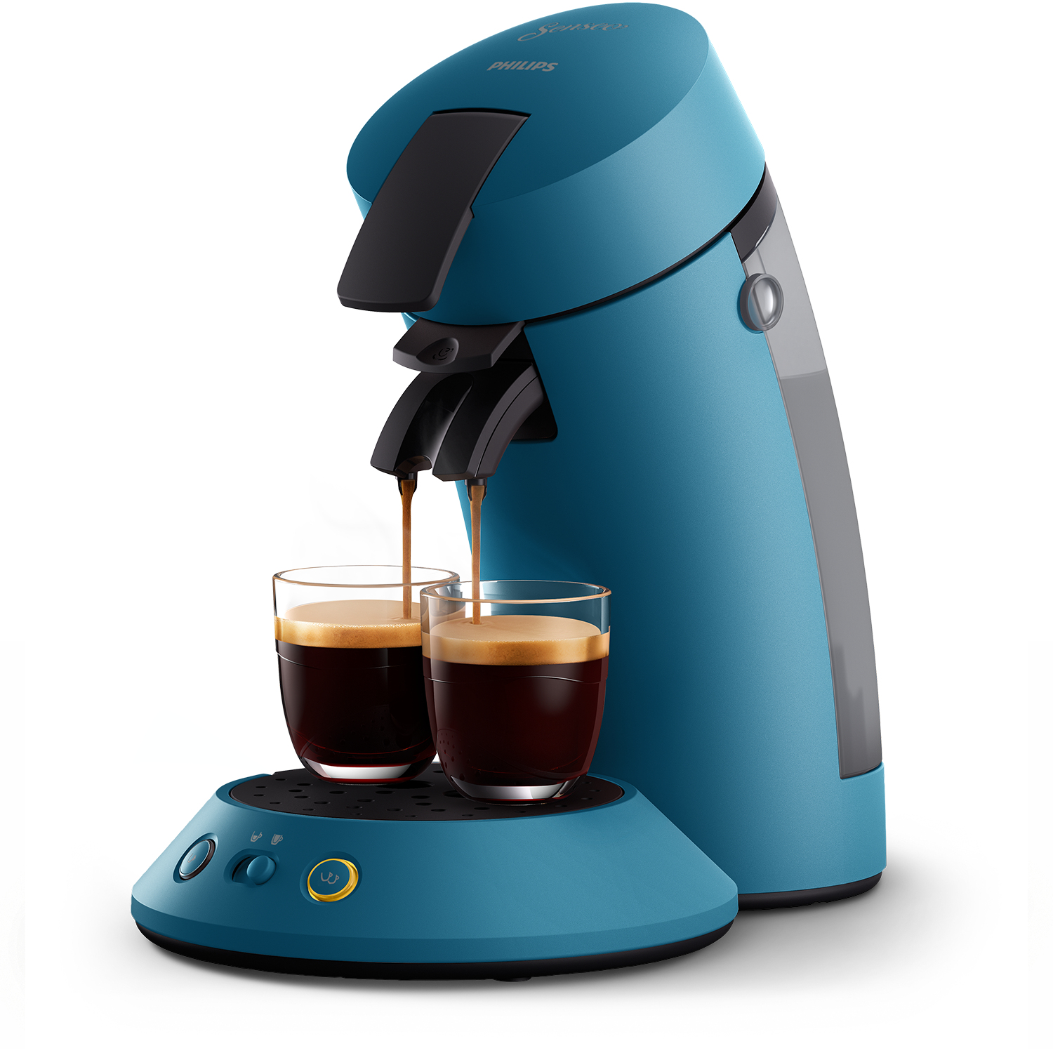 Eine blaue Philips Senseo Kaffeemaschine, die Kaffee in zwei klare Gläser brüht.