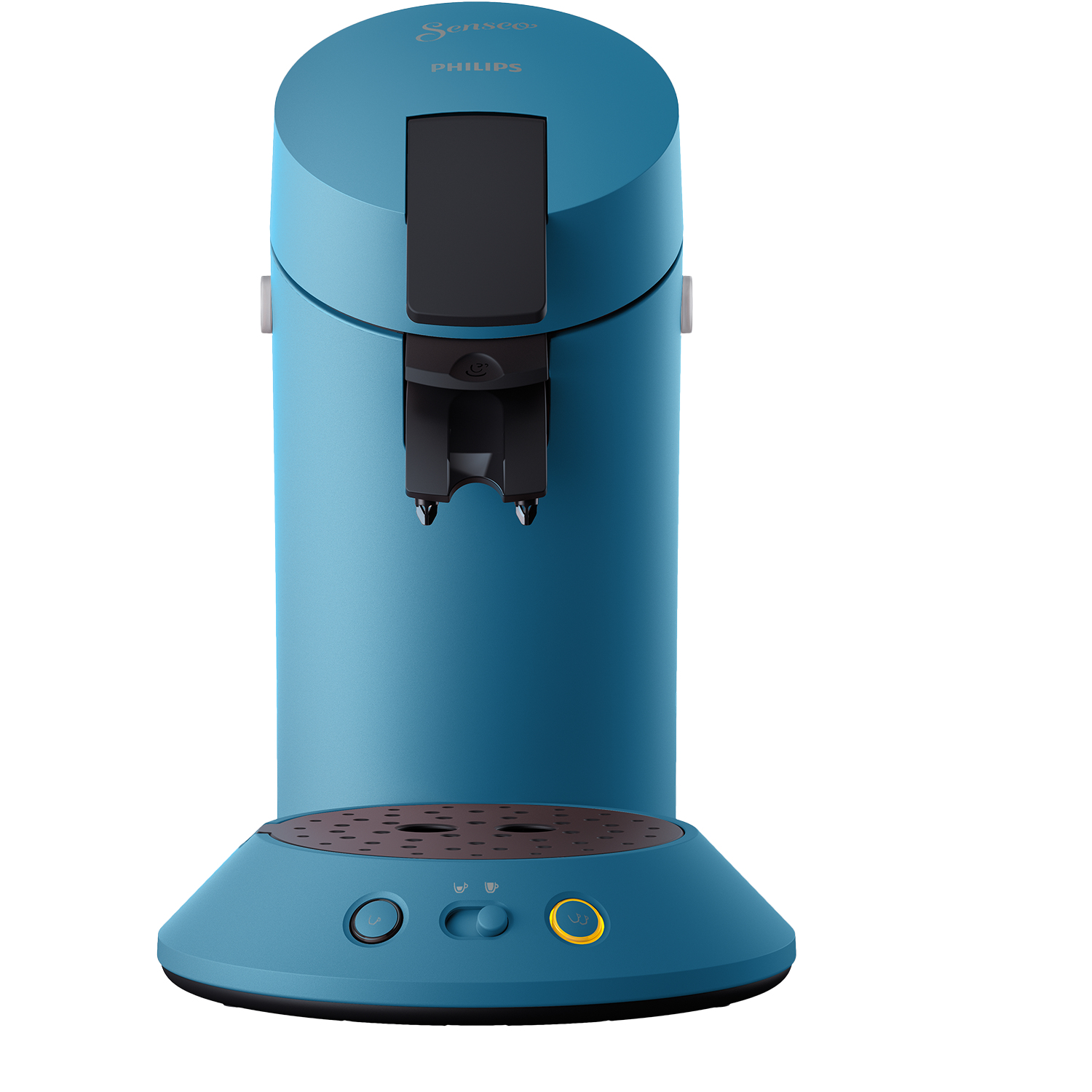Blaue Kaffeemaschine mit schwarzen Elementen und drei Knöpfen.