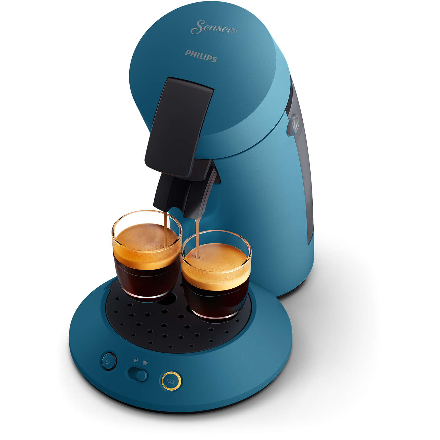 Eine blaue und türkisfarbene Kaffeemaschine mit zwei Gläsern, in die Kaffee gegossen wird. 'Senseo Philips' steht oben.