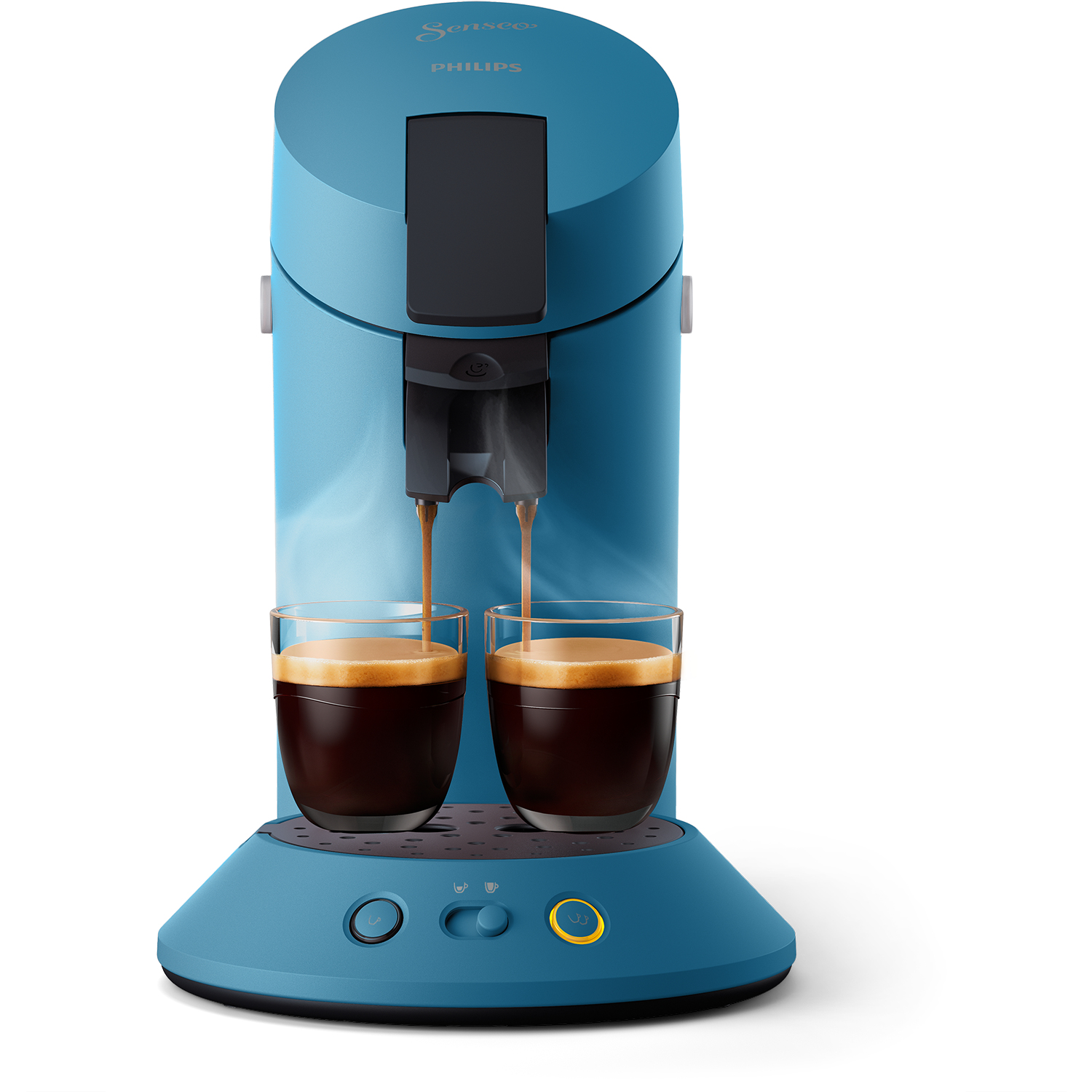 Eine blaue Kaffeemaschine, die zwei Gläser Kaffee befüllt.