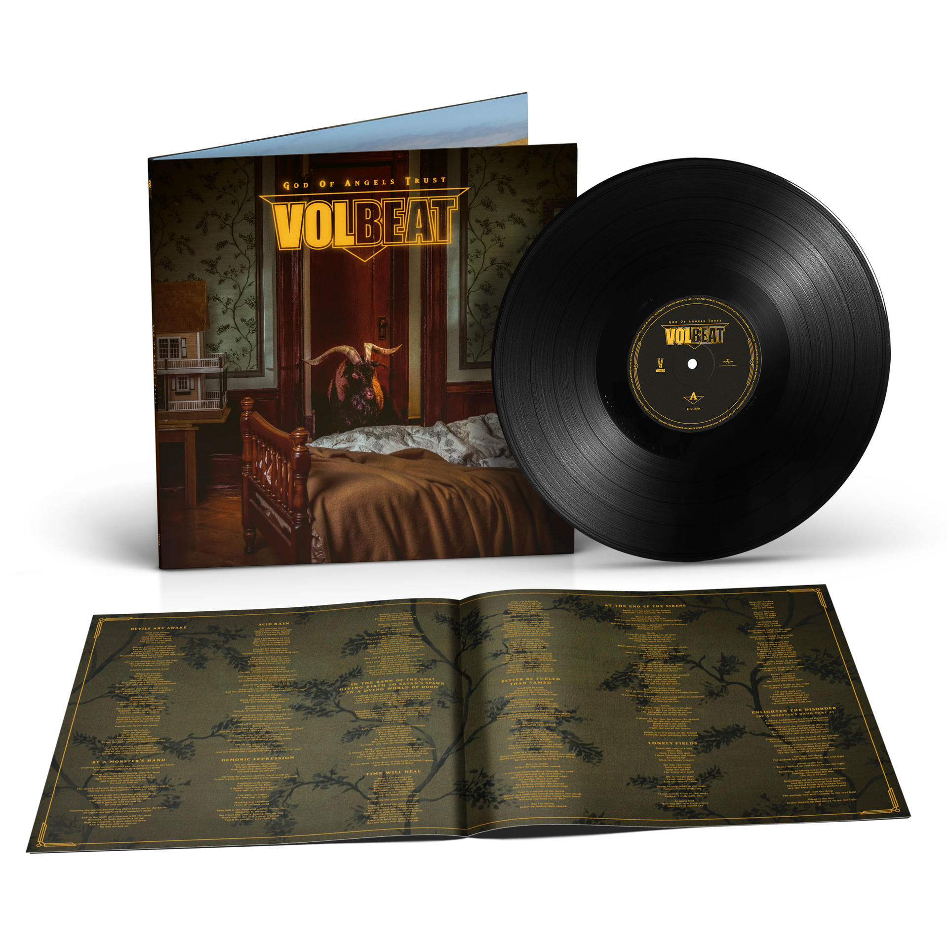 Un disque vinyle à côté d'un album ouvert. L'album représente une pièce avec un lit et une figure diabolique.