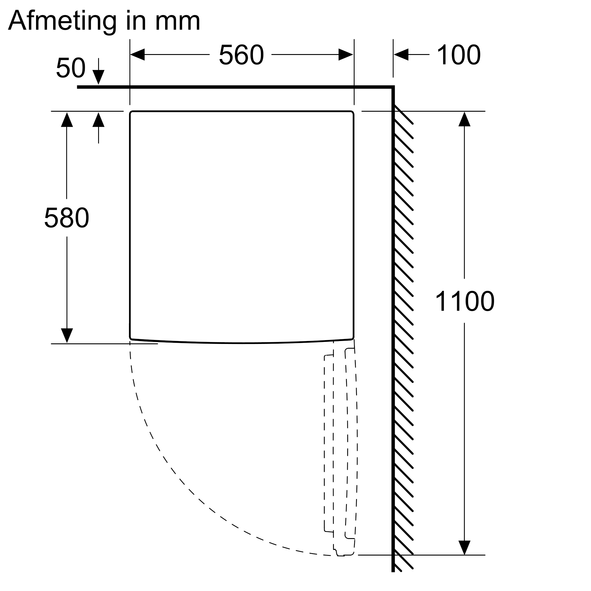 Diagramme d'une machine à laver avec dimensions en mm, montrant l'arc de la porte.