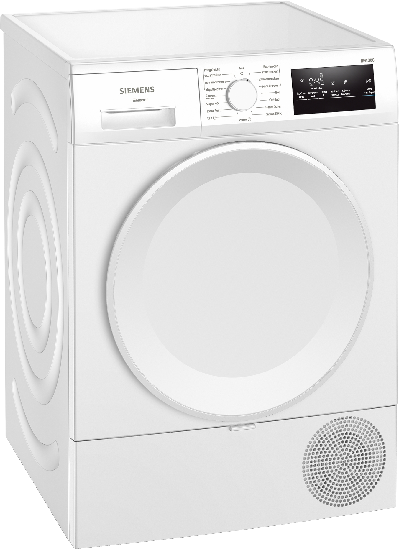 Ein moderner, weißer Siemens-Kondenstrockner mit Drehregler, Digitaldisplay und runder Tür.