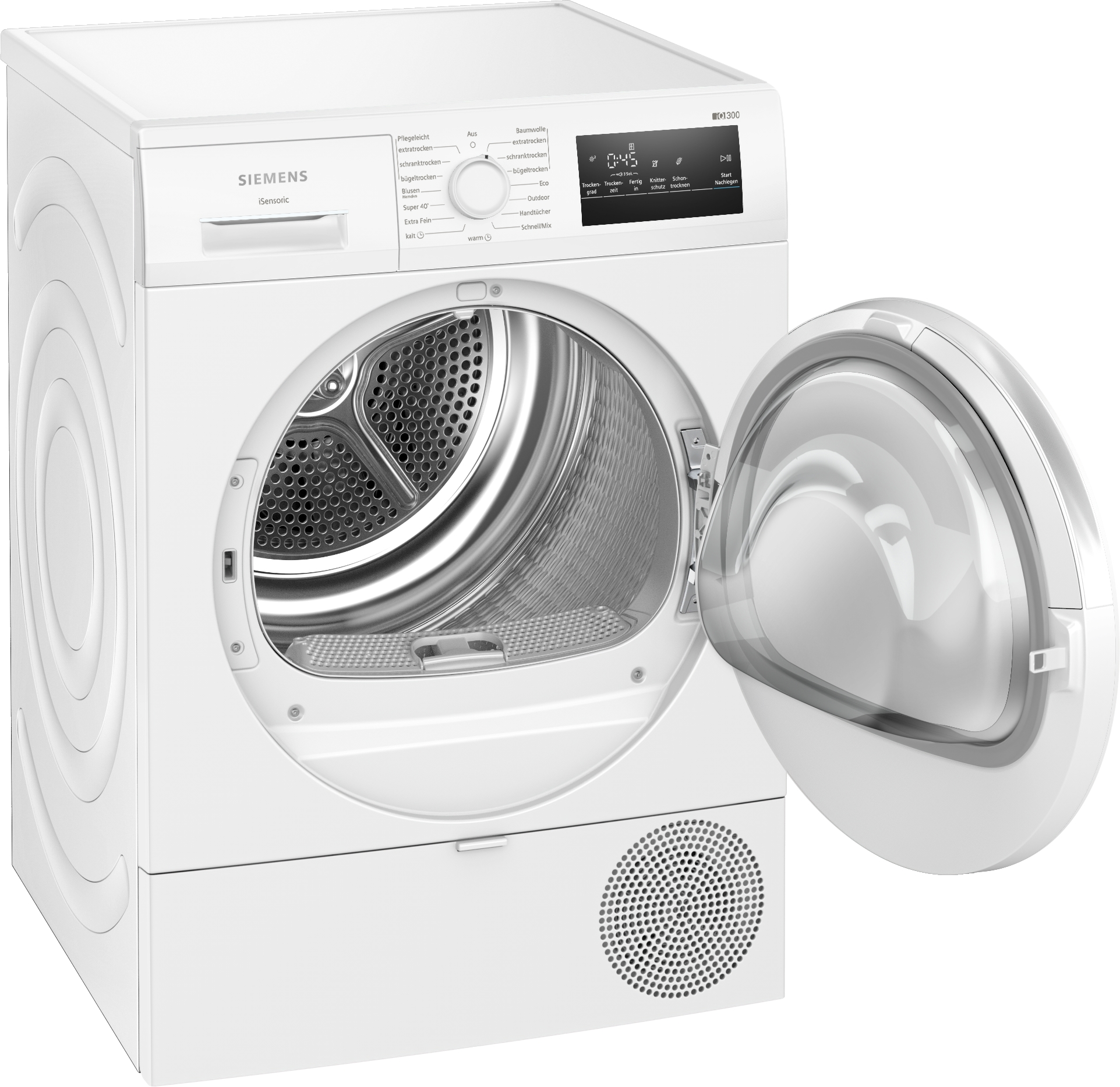 Ein weißer Siemens iQ300 Kondenstrockner mit offener Trommeltür und digitaler Anzeige.